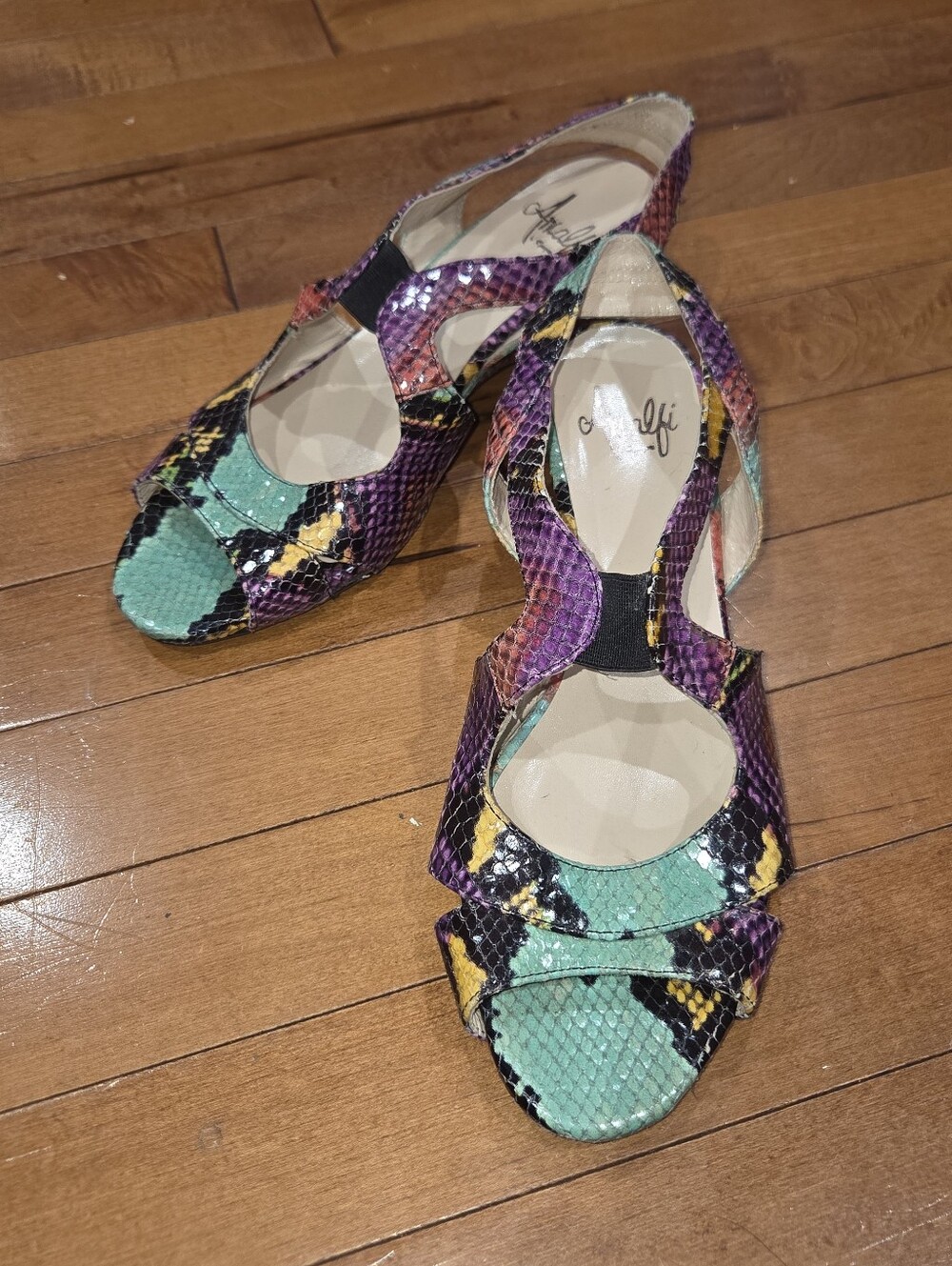 Vintage Amalfi by Rangoni Italy Multicolor Snakeskin Strappy Open Toe Heels